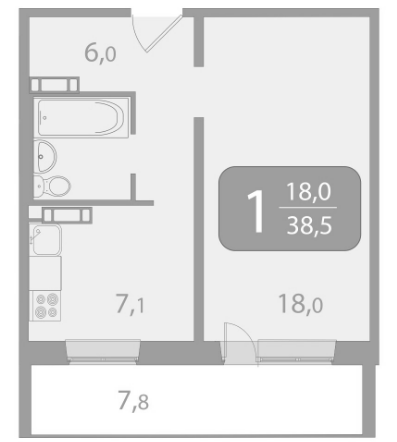 1-комнатная 38.5 м2 в ЖК undefined корпус null этаж 15