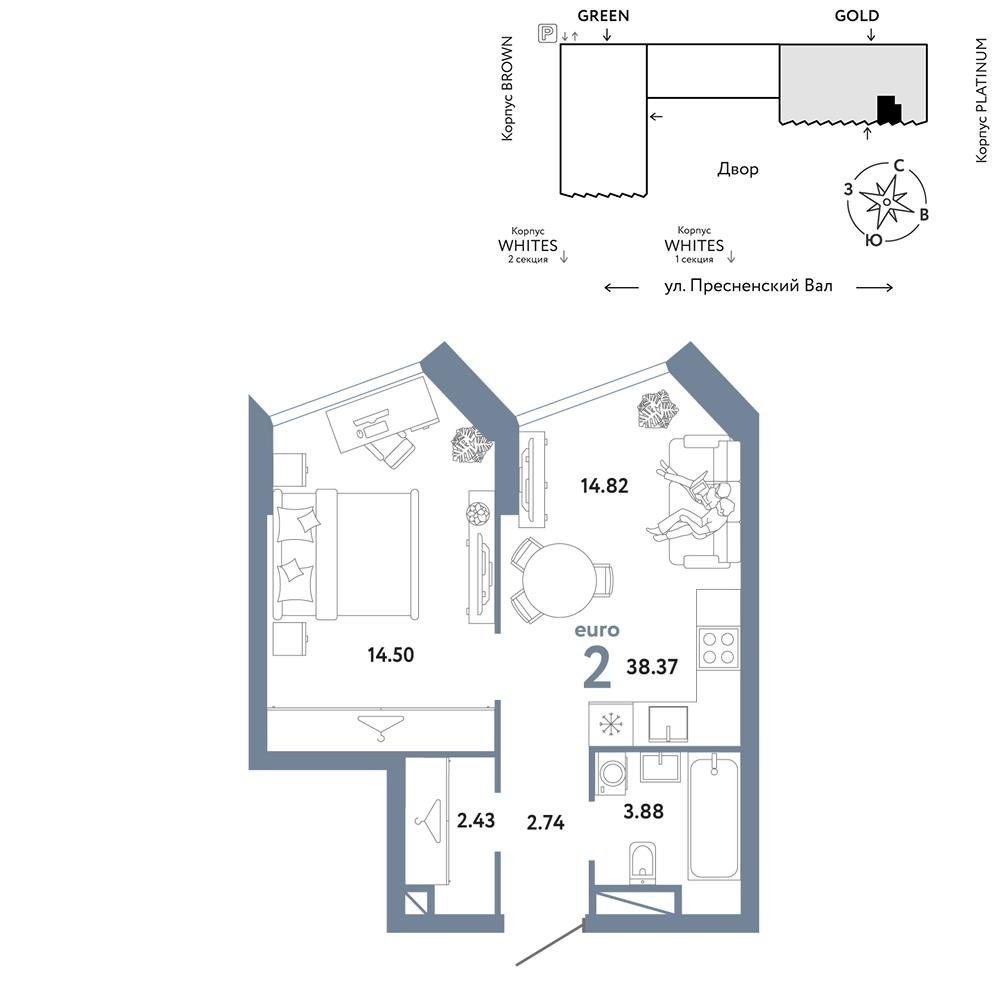 2-комнатная 38 м2 в ЖК Republic корпус null этаж 4