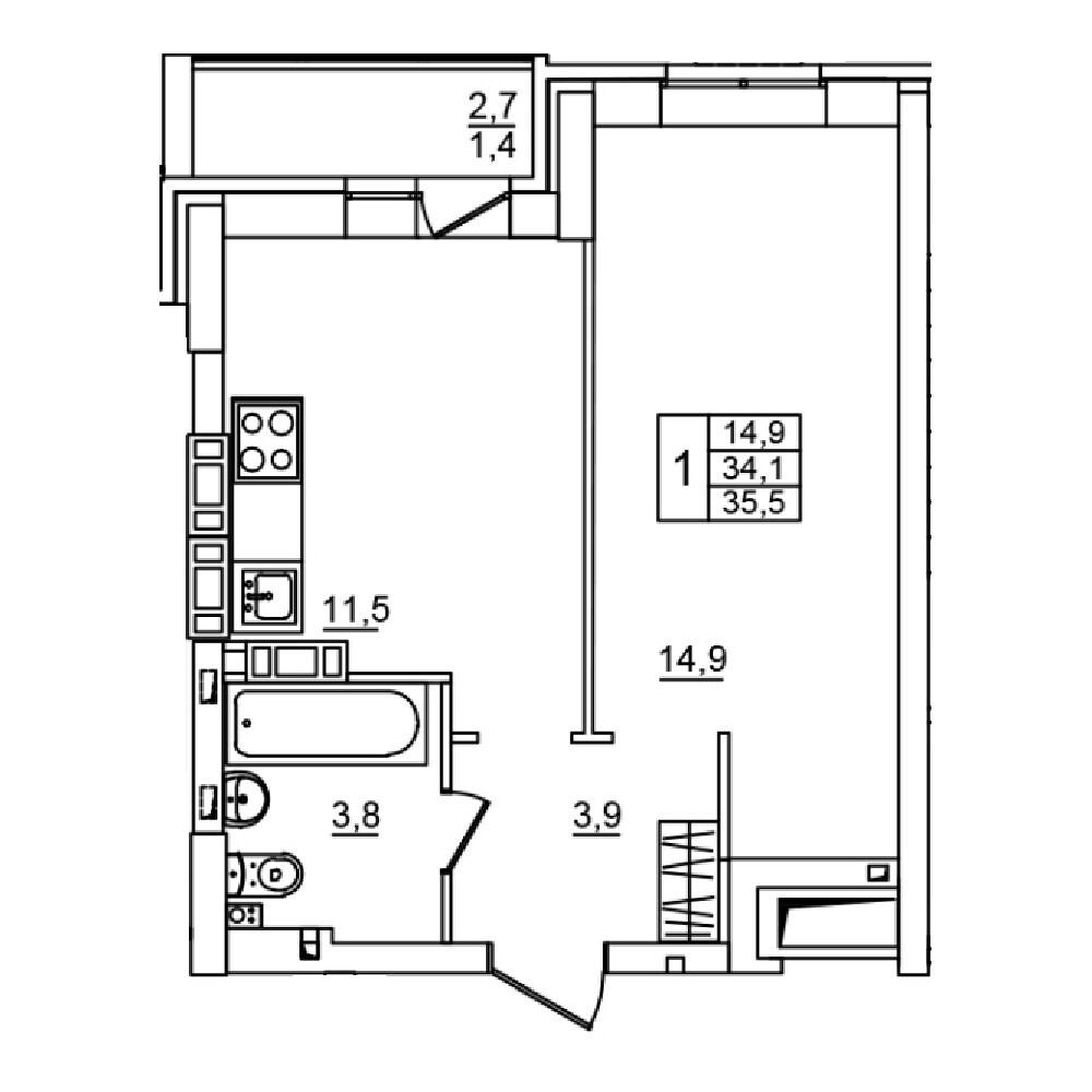 1-комнатная 35 м2 в ЖК Сталь корпус null этаж 1