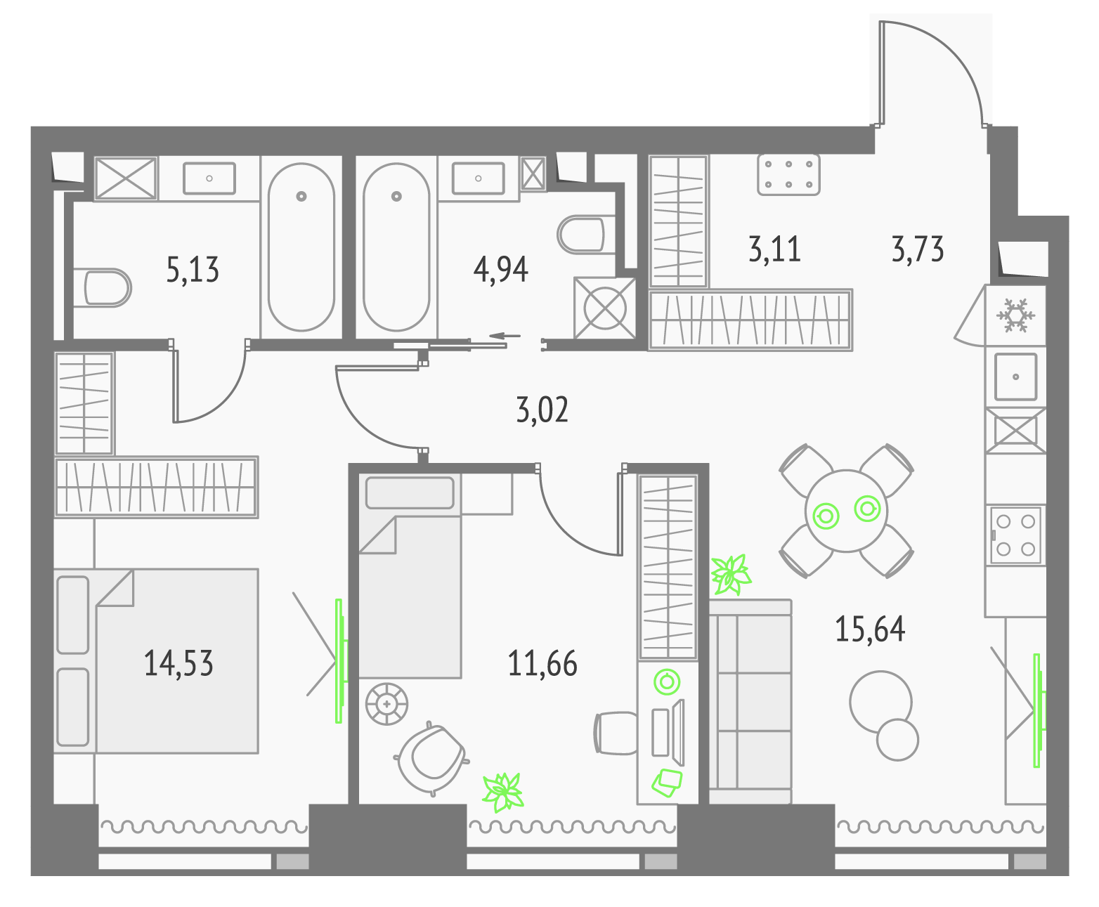 2-комнатная 61 м2 в ЖК Upside Towers корпус null этаж 40