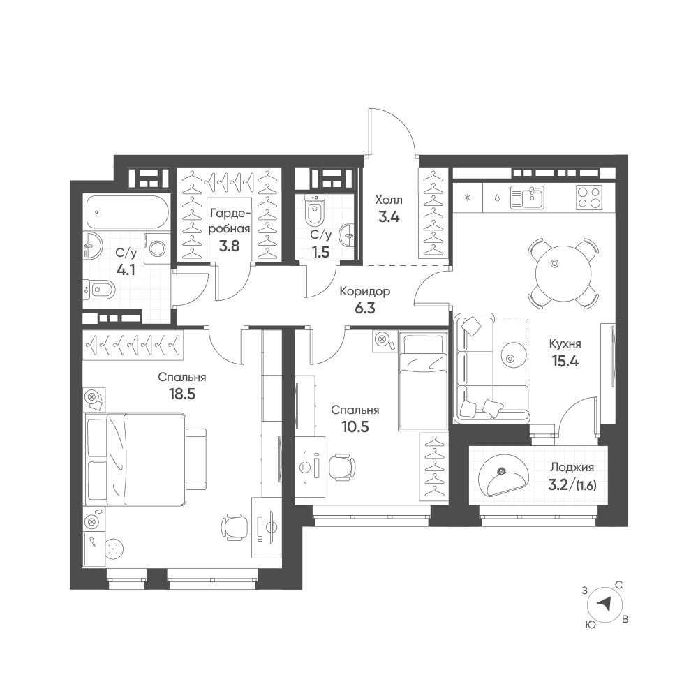 2-комнатная 65 м2 в ЖК Солнечный корпус null этаж 11