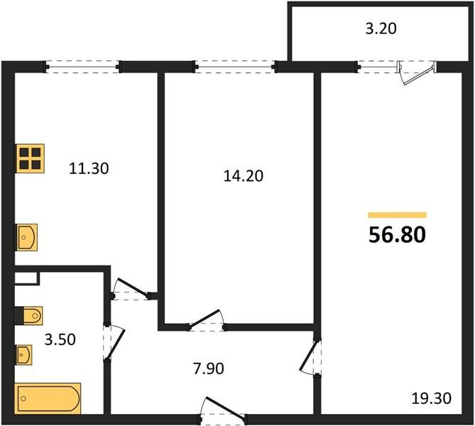 2-комнатная 56.8 м2 в ЖК undefined корпус null этаж 16