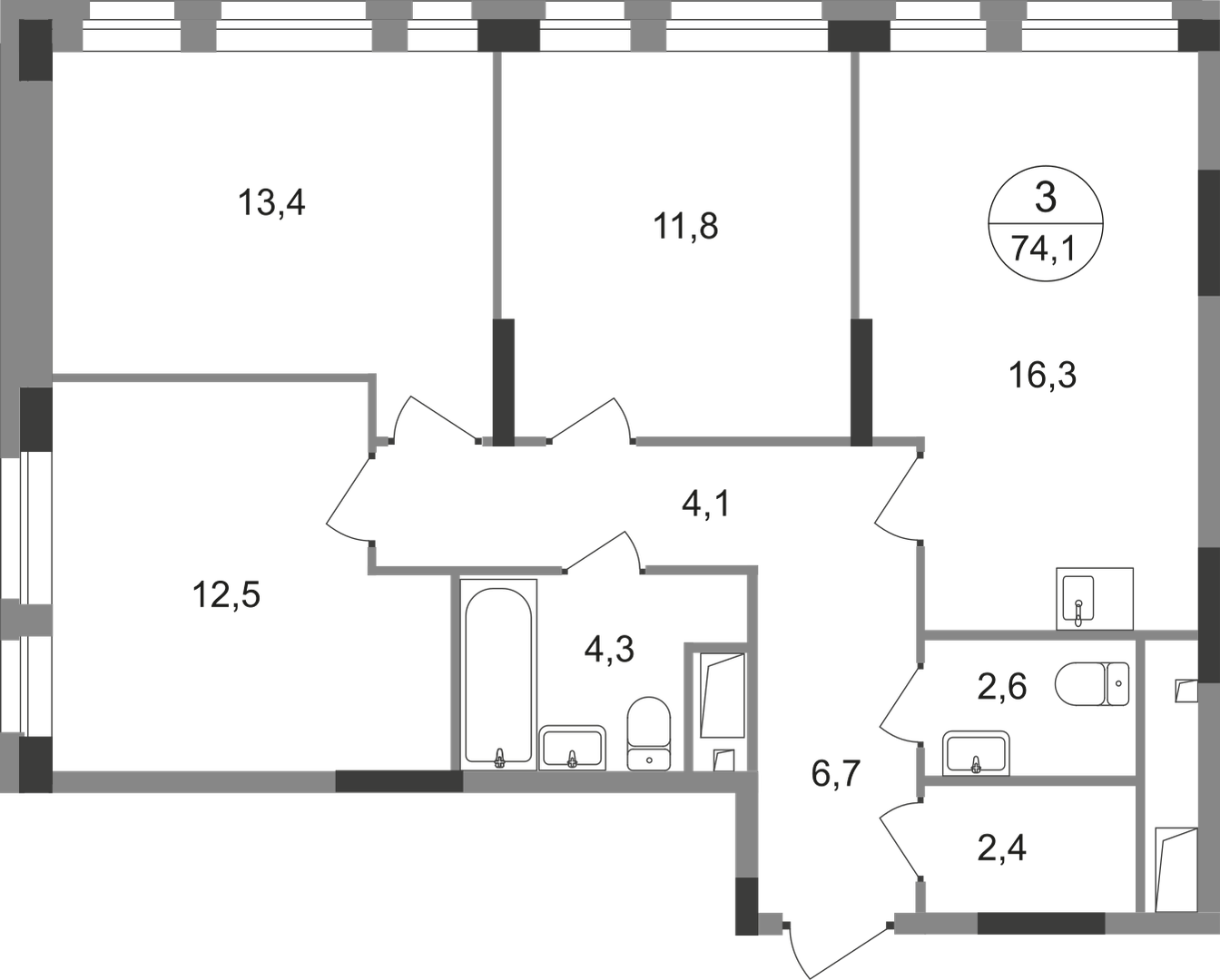 3-комнатная 74 м2 в ЖК Первый Московский корпус null этаж 8