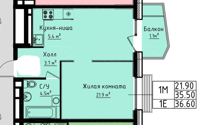 1-комнатная 36.6 м2 в ЖК undefined корпус null этаж 3