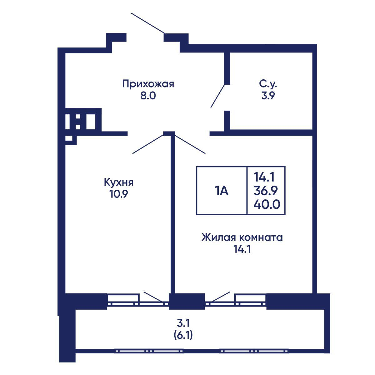 1-комнатная 40 м2 в ЖК Горизонт корпус null этаж 11