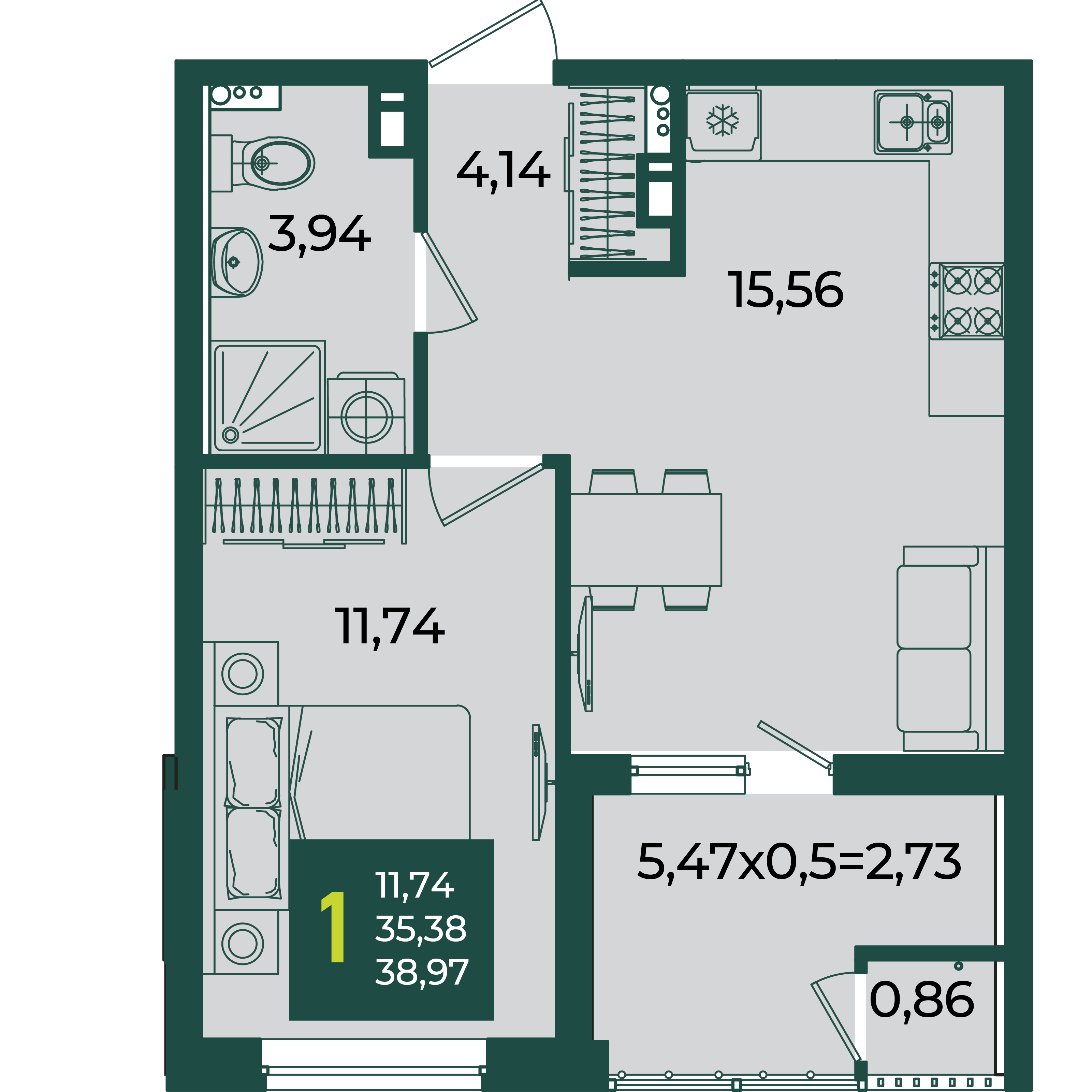1-комнатная 38 м2 в ЖК Образцово корпус null этаж 11