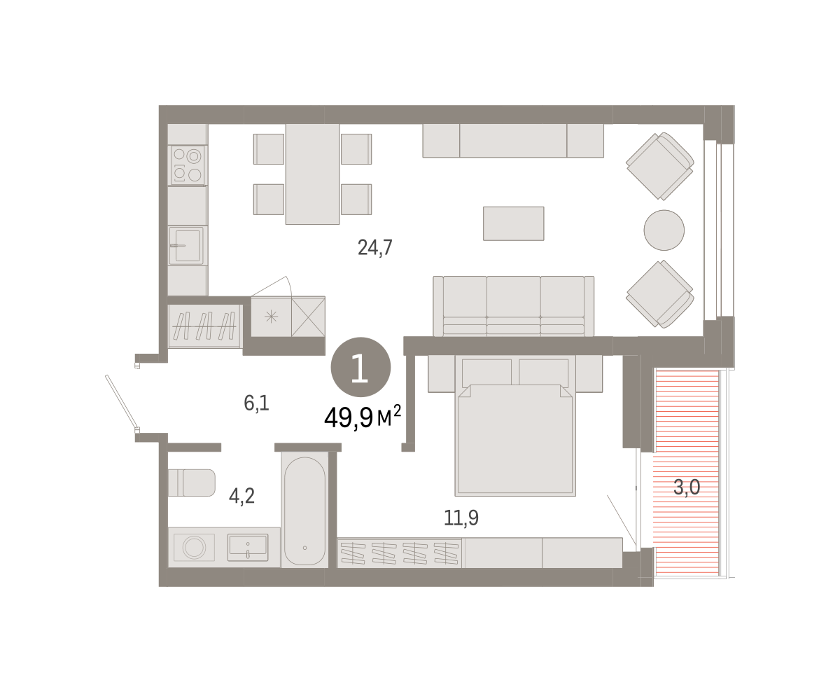 1-комнатная 49 м2 в ЖК Квартал Нефть корпус null этаж 8