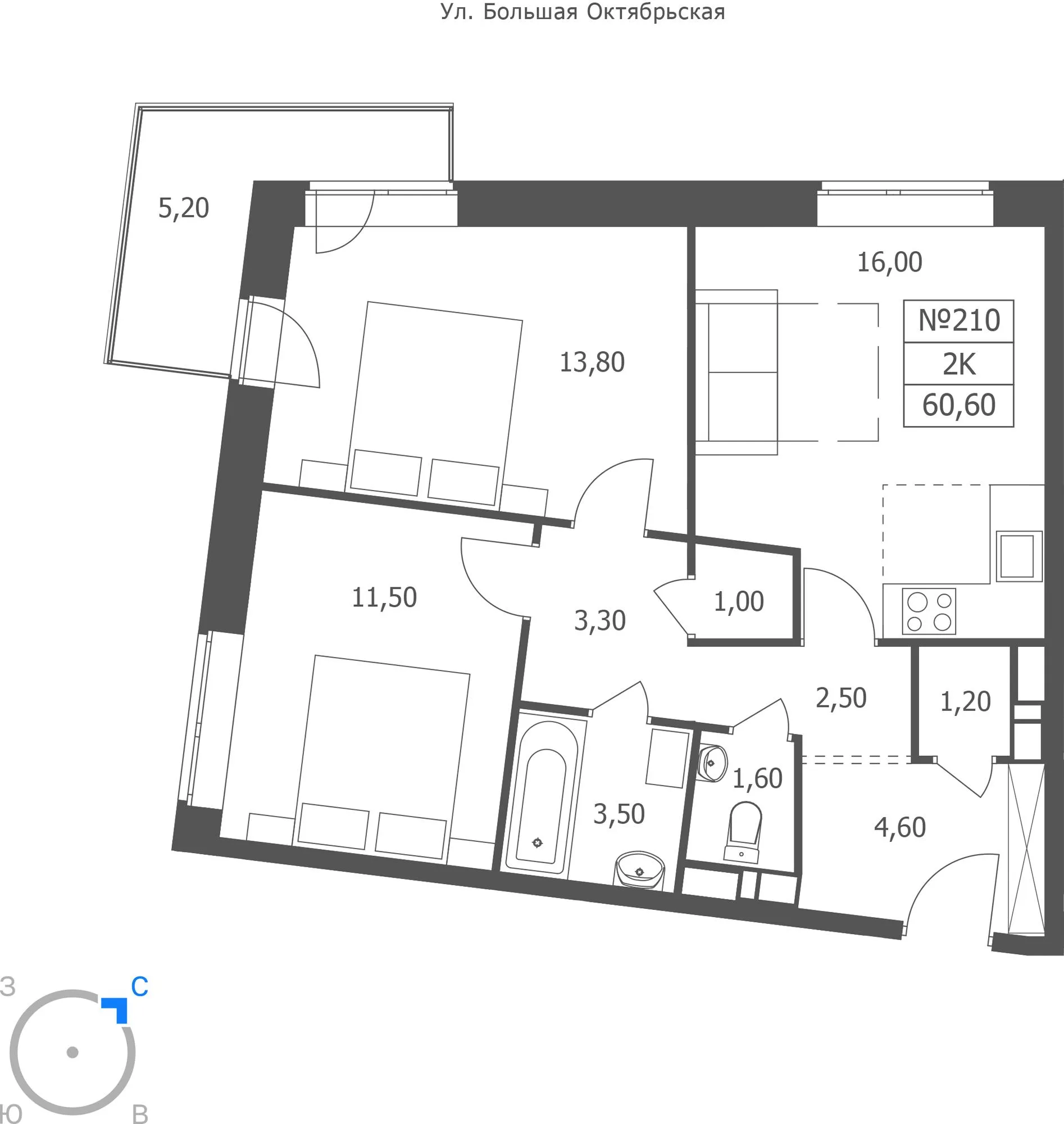 2-комнатная 60 м2 в ЖК ЭРА корпус null этаж 5