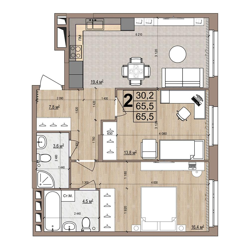 2-комнатная 65 м2 в ЖК Гранд Комфорт-2 корпус null этаж 3