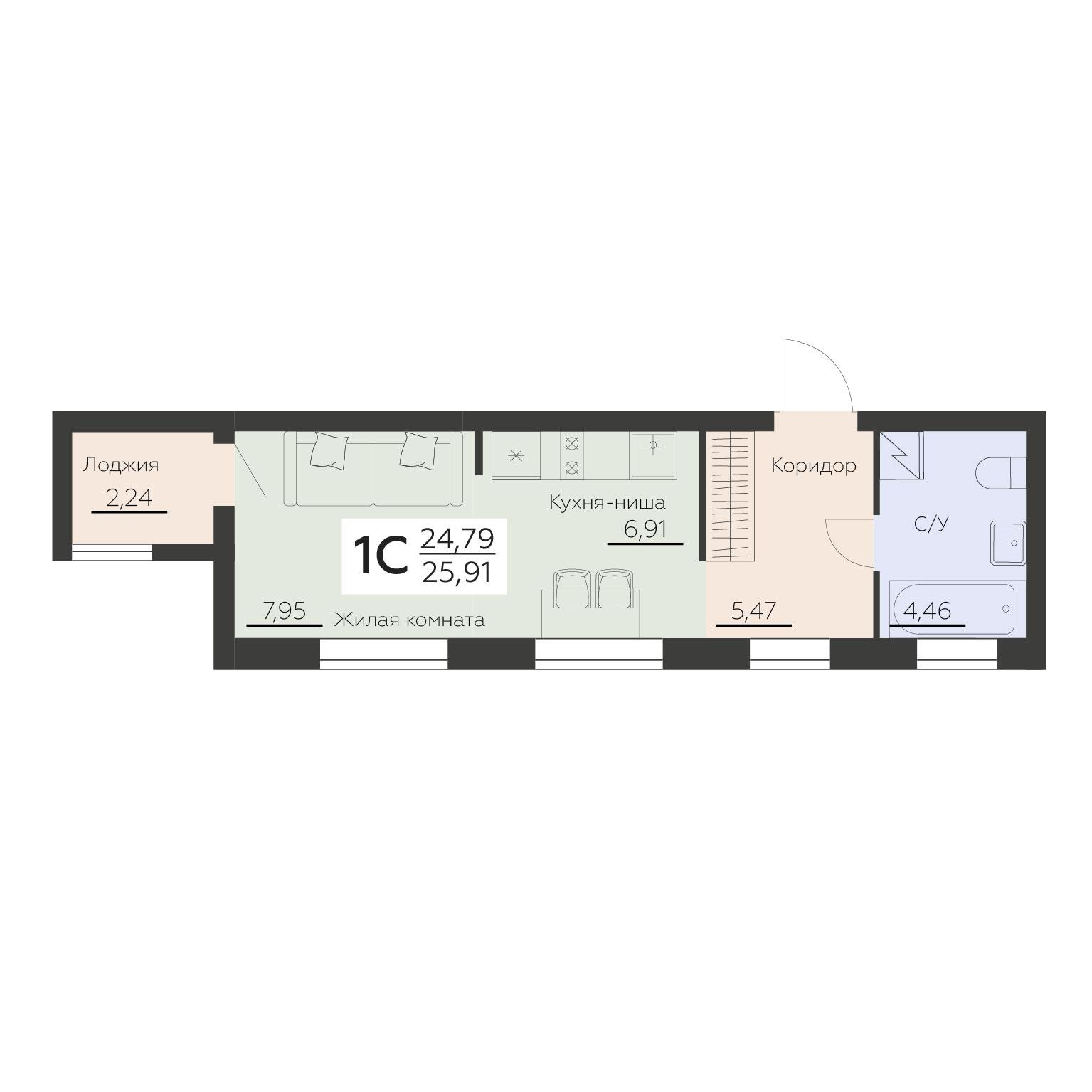 1-комнатная 25 м2 в ЖК Заря корпус null этаж 12