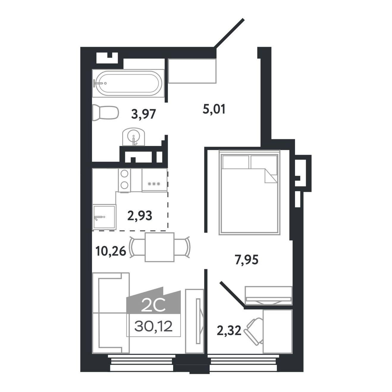 2-комнатная 30 м2 в ЖК Квартал 1604 корпус null этаж 9