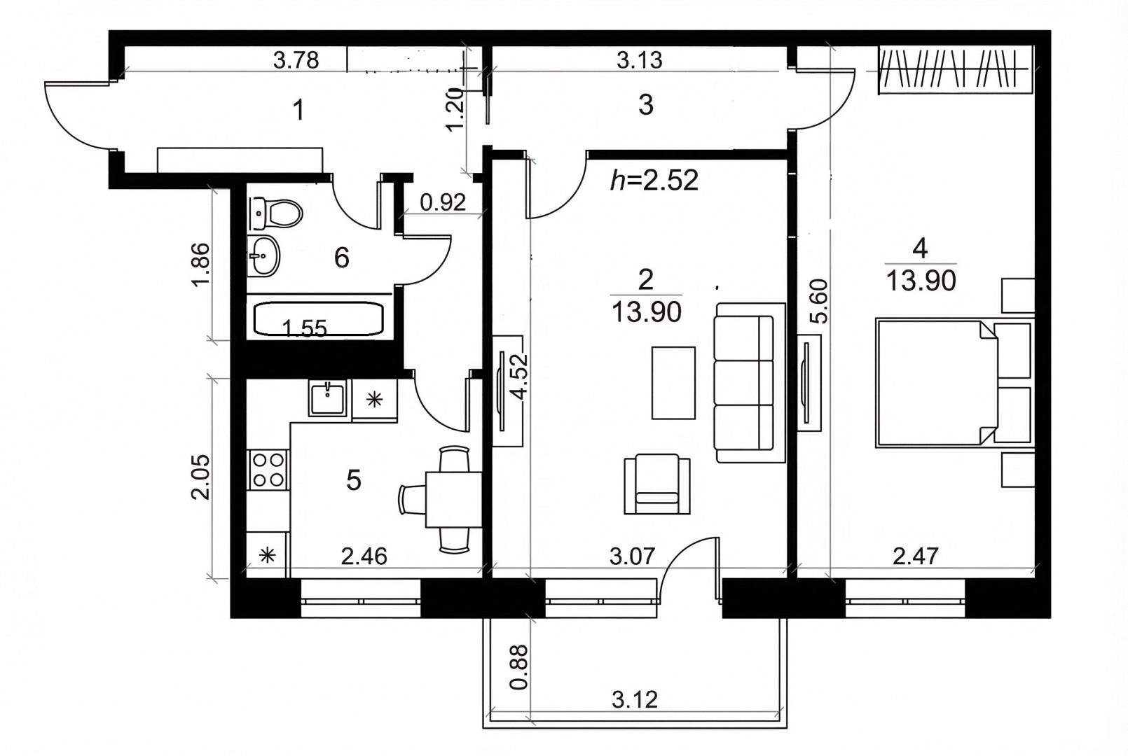 2-комнатная 45.5 м2 в ЖК undefined корпус null этаж 4