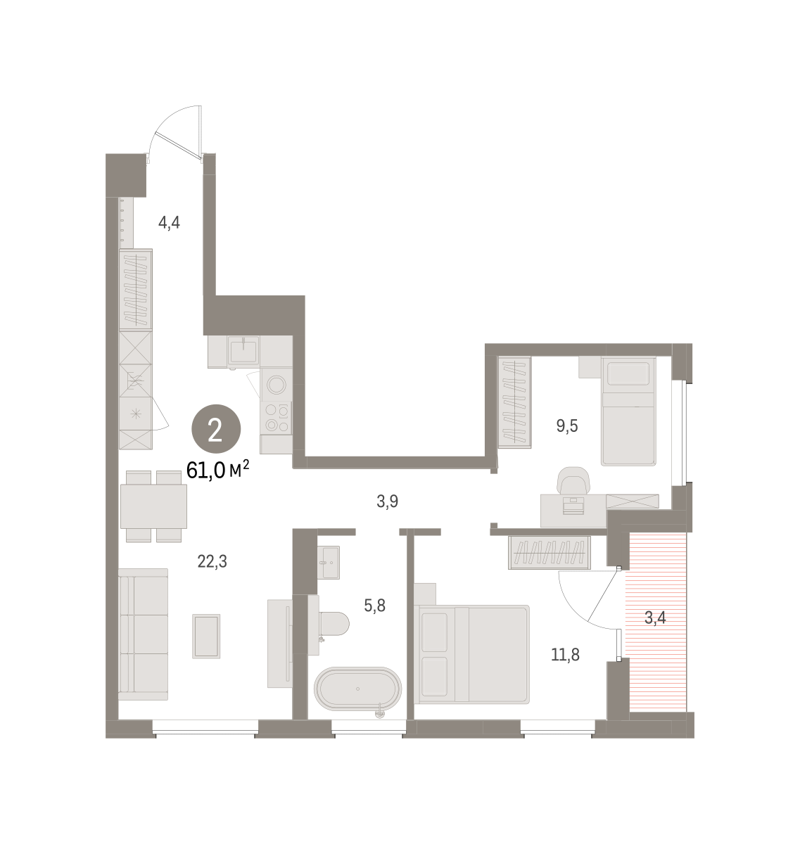 2-комнатная 61 м2 в ЖК Северный ветер корпус null этаж 3