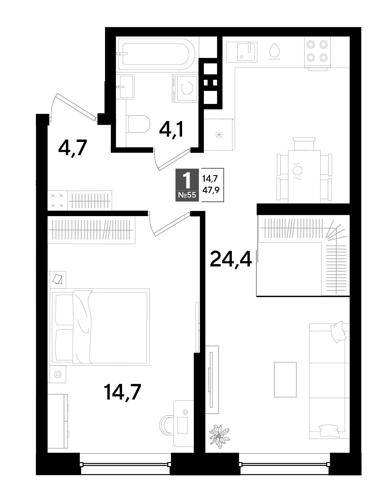 1-комнатная 47 м2 в ЖК Догма Парк корпус null этаж 8