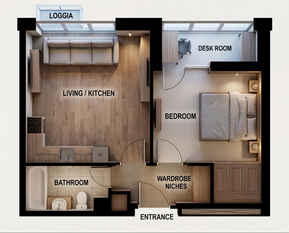 1-комнатная 35.3 м2 в ЖК undefined корпус null этаж 4