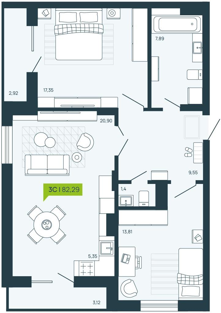 3-комнатная 81 м2 в ЖК Зоркий Парк корпус null этаж 9