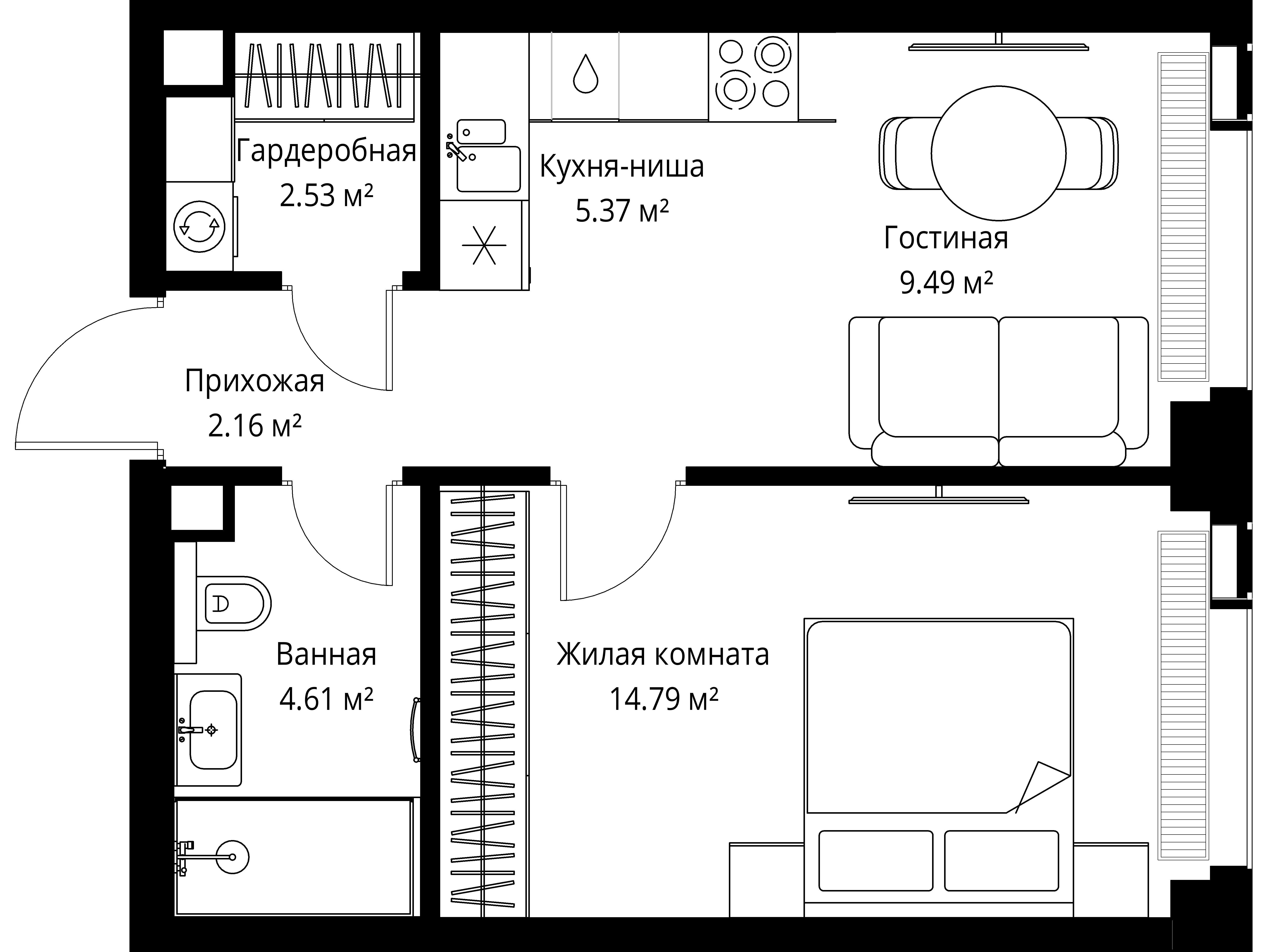 1-комнатная 38 м2 в ЖК ВЕЕР корпус null этаж 35