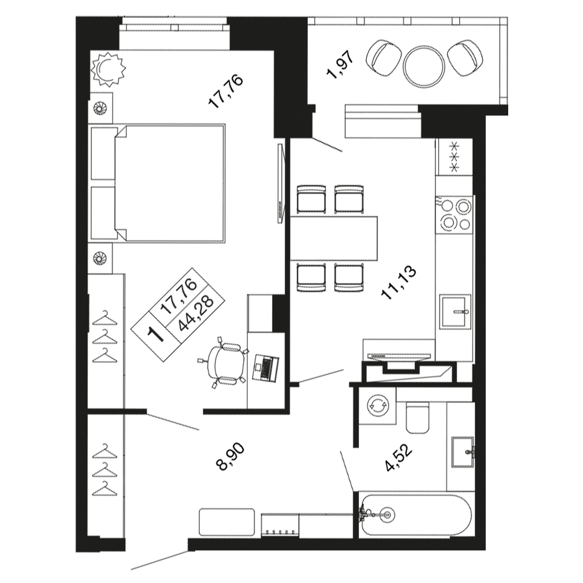 1-комнатная 44 м2 в ЖК Времена года корпус null этаж 2
