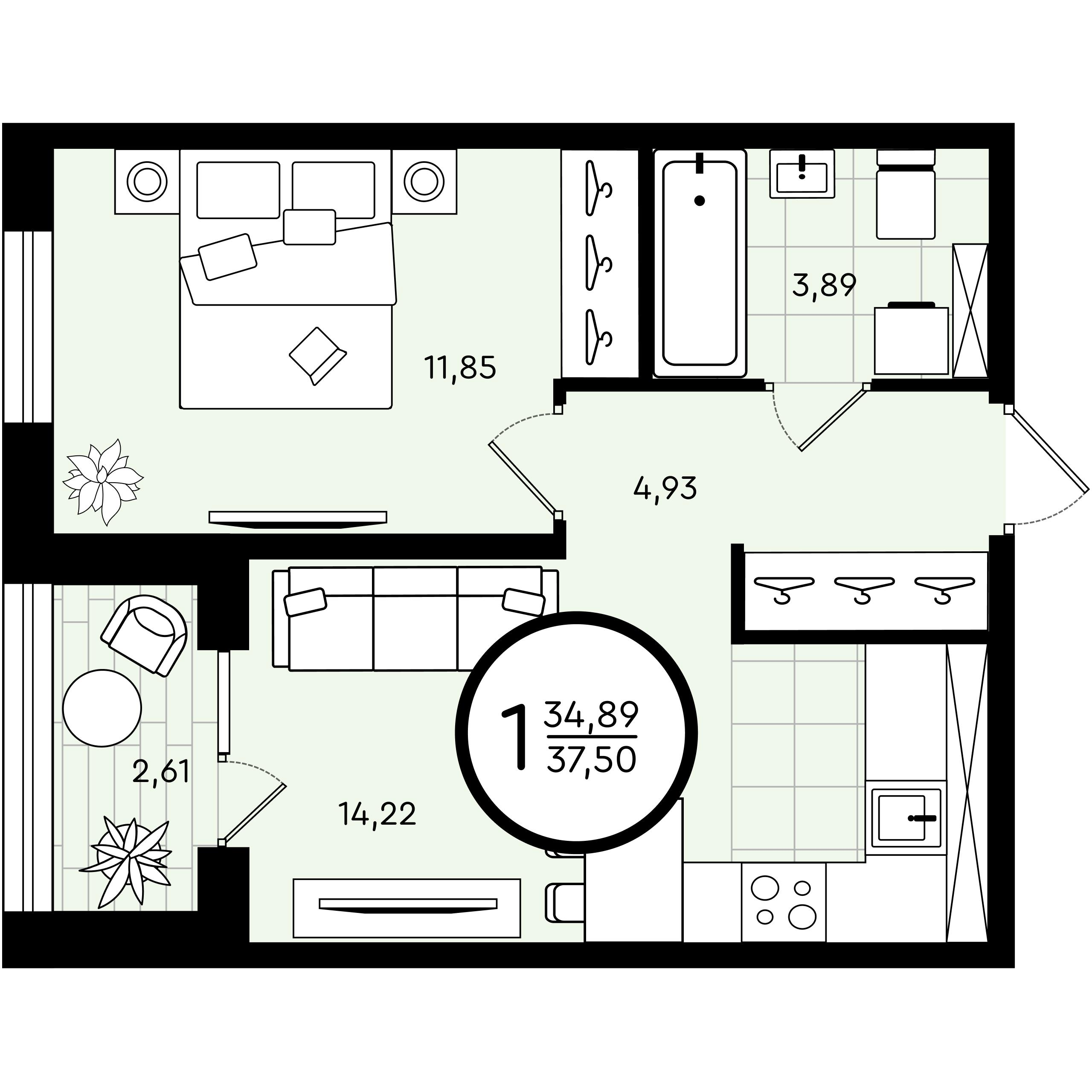 1-комнатная 37 м2 в ЖК Зеленые Аллеи корпус null этаж 1