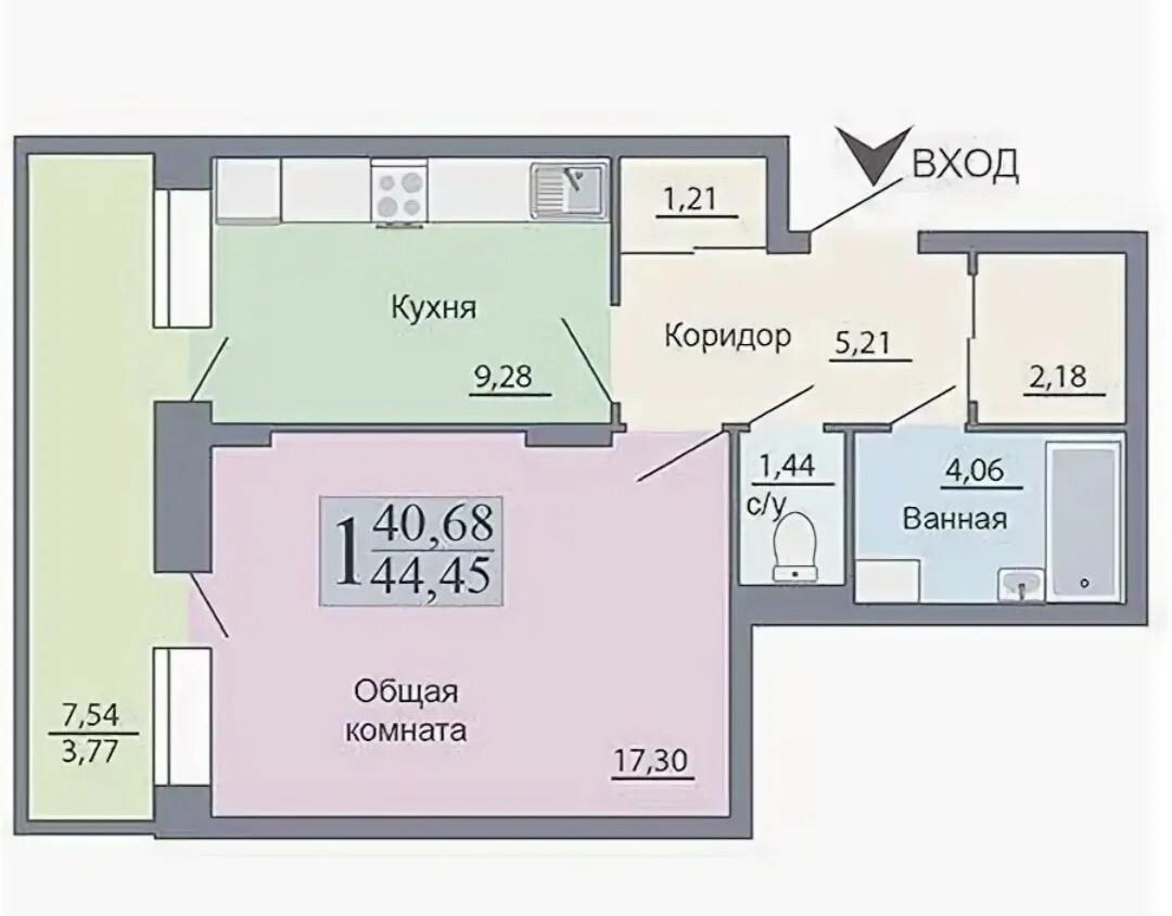 1-комнатная 45 м2 в ЖК undefined корпус null этаж 7