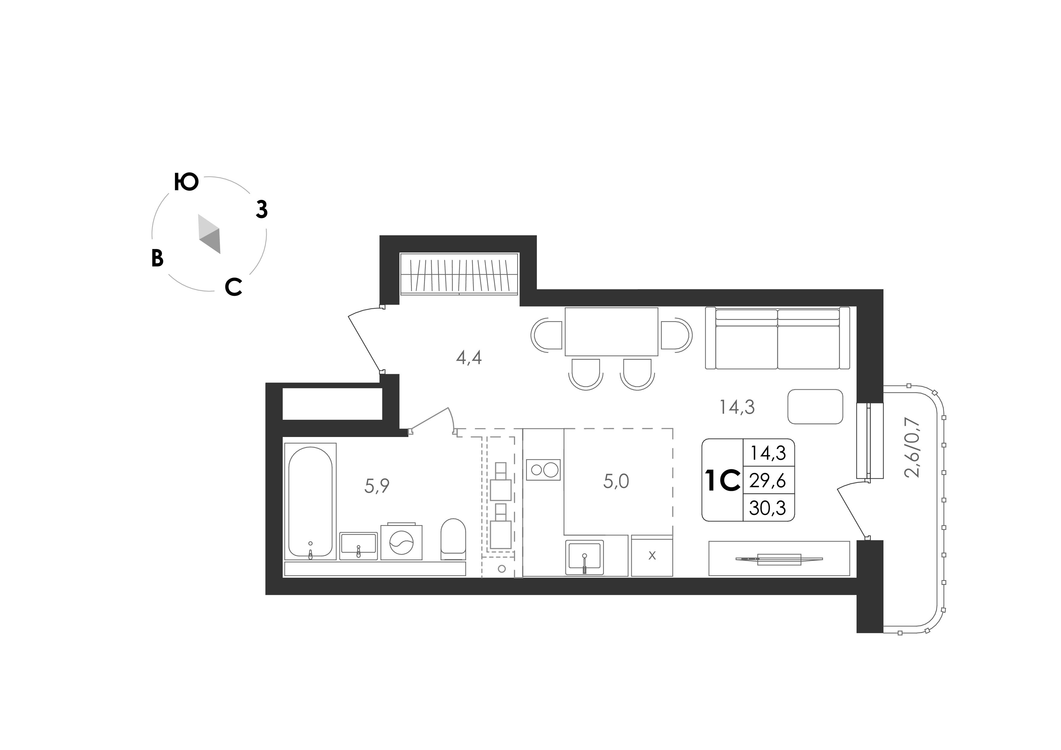 1-комнатная 30 м2 в ЖК Циолковский корпус null этаж 4