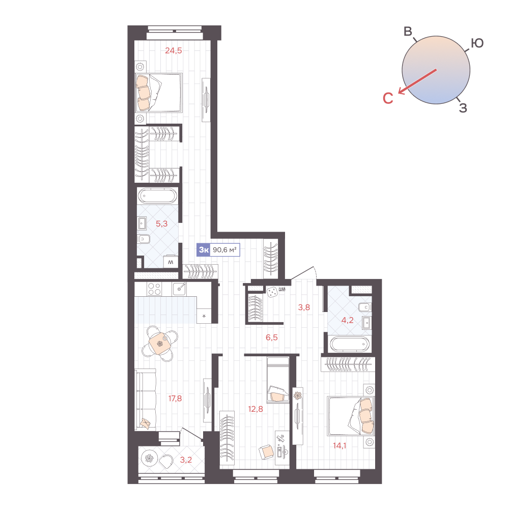 3-комнатная 90 м2 в ЖК ДА корпус null этаж 12