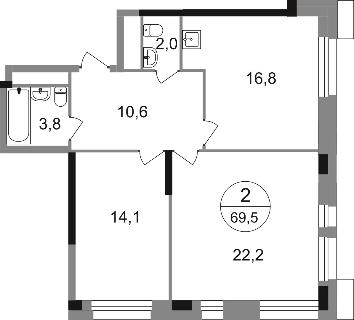 2-комнатная 69 м2 в ЖК Первый Московский корпус null этаж 10