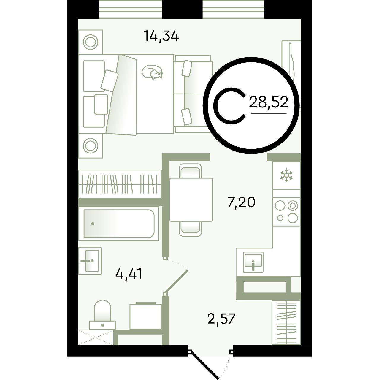 1-комнатная 28 м2 в ЖК Зеленые Аллеи корпус null этаж 2