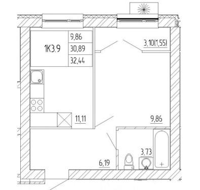 1-комнатная 34 м2 в ЖК undefined корпус null этаж 9