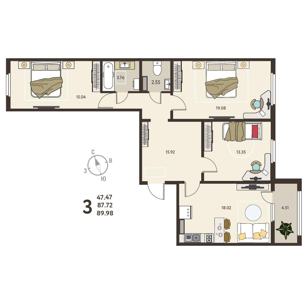 3-комнатная 90 м2 в ЖК undefined корпус null этаж 14