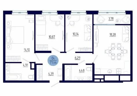 4-комнатная 78 м2 в ЖК undefined корпус null этаж 1