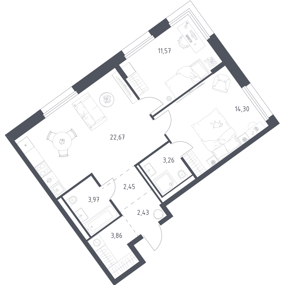 2-комнатная 64 м2 в ЖК Литературный Квартал корпус null этаж 12