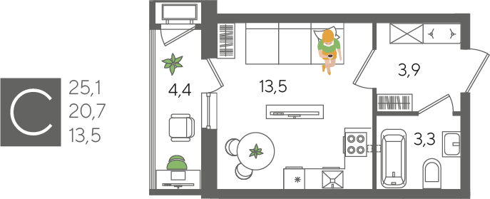 Студия 25 м2 в ЖК Рекорд 2 корпус null этаж 2