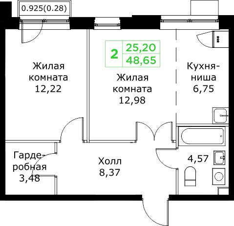 2-комнатная 48 м2 в ЖК Кит корпус null этаж 15