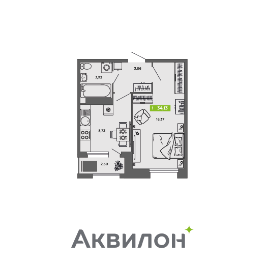 1-комнатная 34 м2 в ЖК Аквилон CITY Towers корпус null этаж 13
