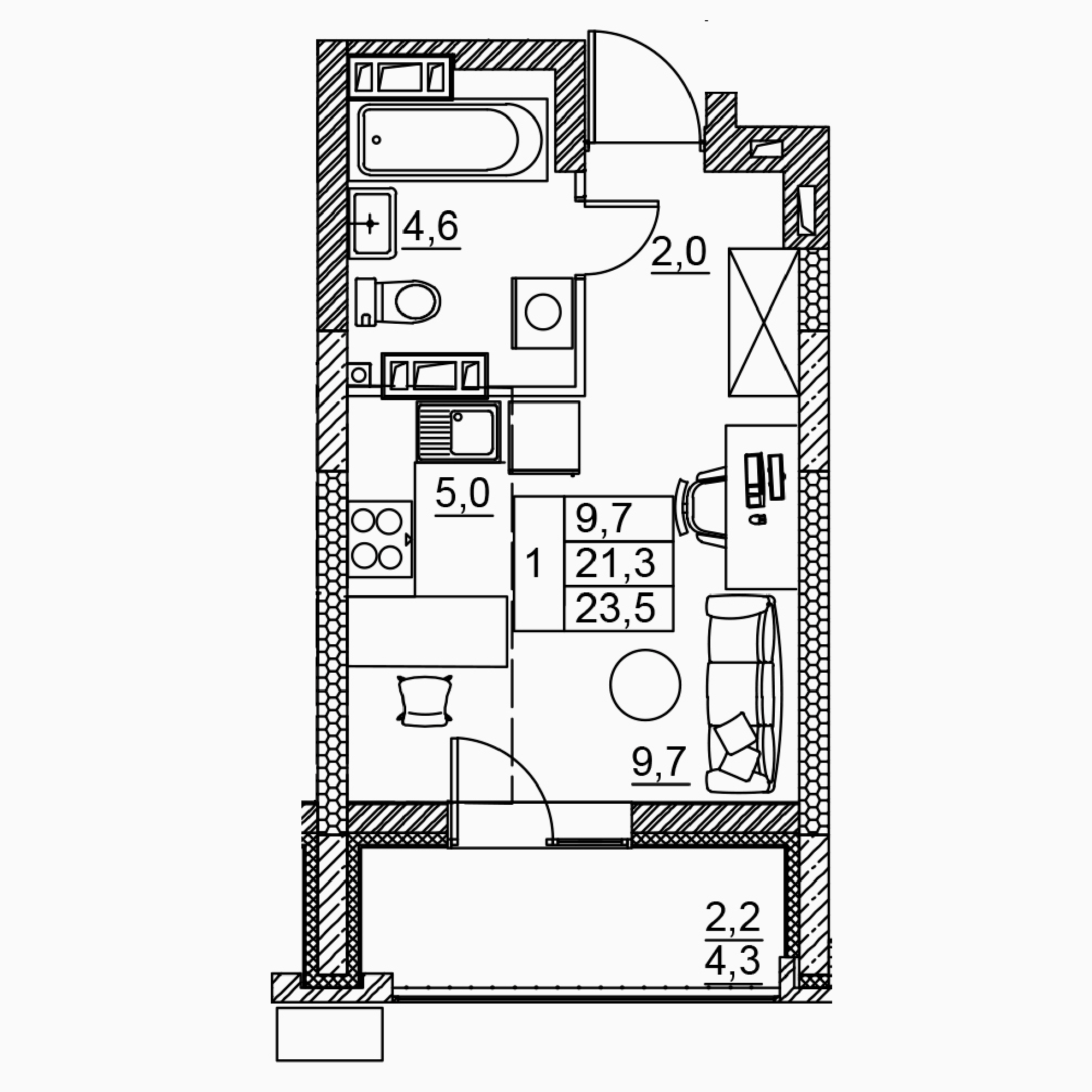 1-комнатная 23 м2 в ЖК Засекин корпус null этаж 7