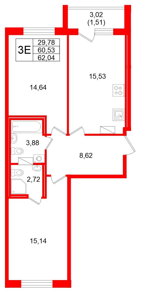 2-комнатная 62 м2 в ЖК Квартал Заречье корпус null этаж 3