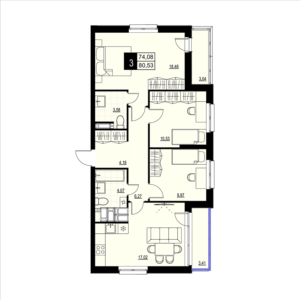 3-комнатная 77 м2 в ЖК Макрорайон Амград корпус null этаж 16