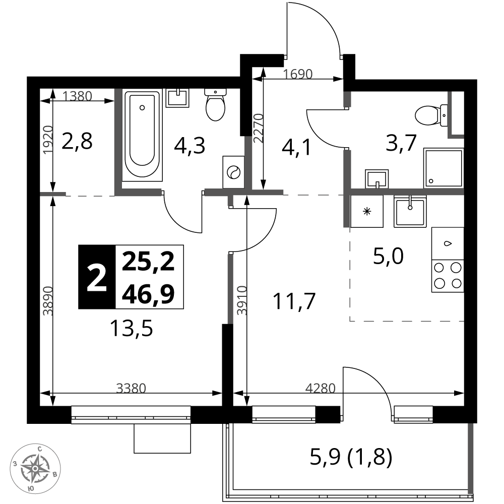2-комнатная 46 м2 в ЖК 1-й Ясеневский корпус null этаж 5