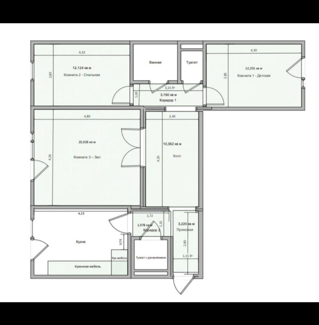 3-комнатная 92.5 м2 в ЖК undefined корпус null этаж 9