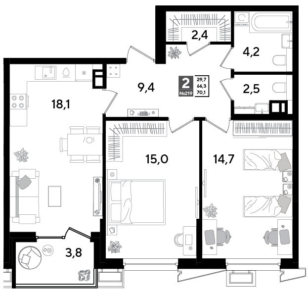 2-комнатная 69 м2 в ЖК Парк Победы 2 корпус null этаж 9