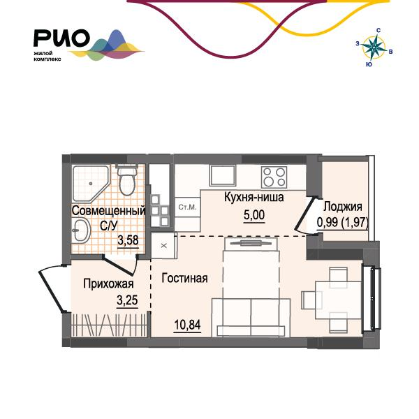 1-комнатная 23 м2 в ЖК Рио корпус null этаж 12