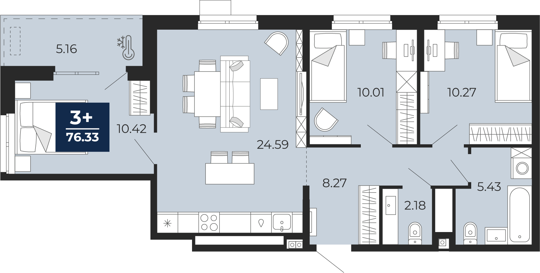 3-комнатная 71 м2 в ЖК Мириады корпус null этаж 14