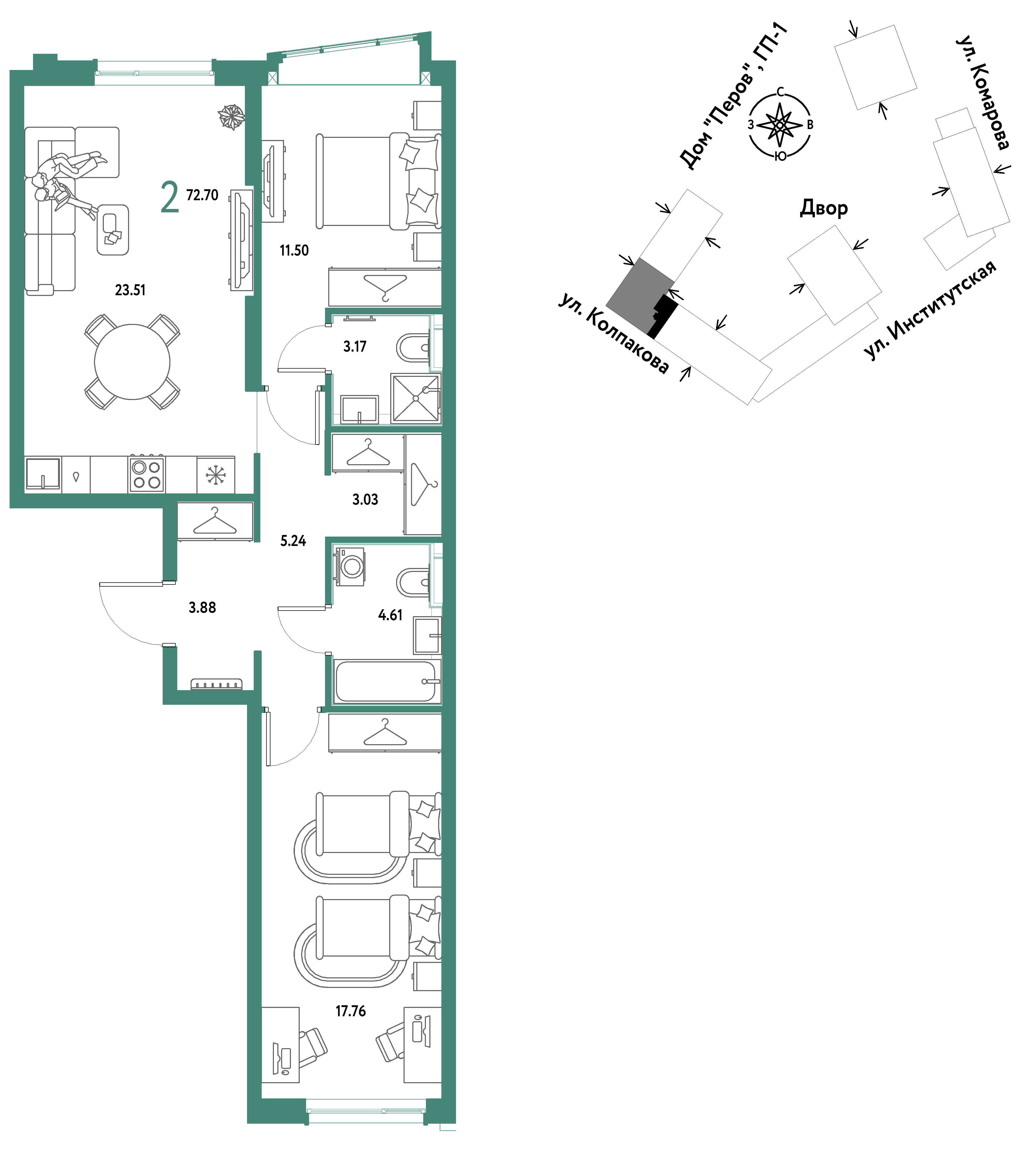 2-комнатная 72 м2 в ЖК Страна.Парковая корпус null этаж 4