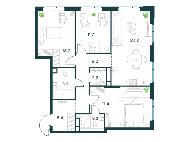 3-комнатная 91 м2 в ЖК Левел Войковская корпус null этаж 11