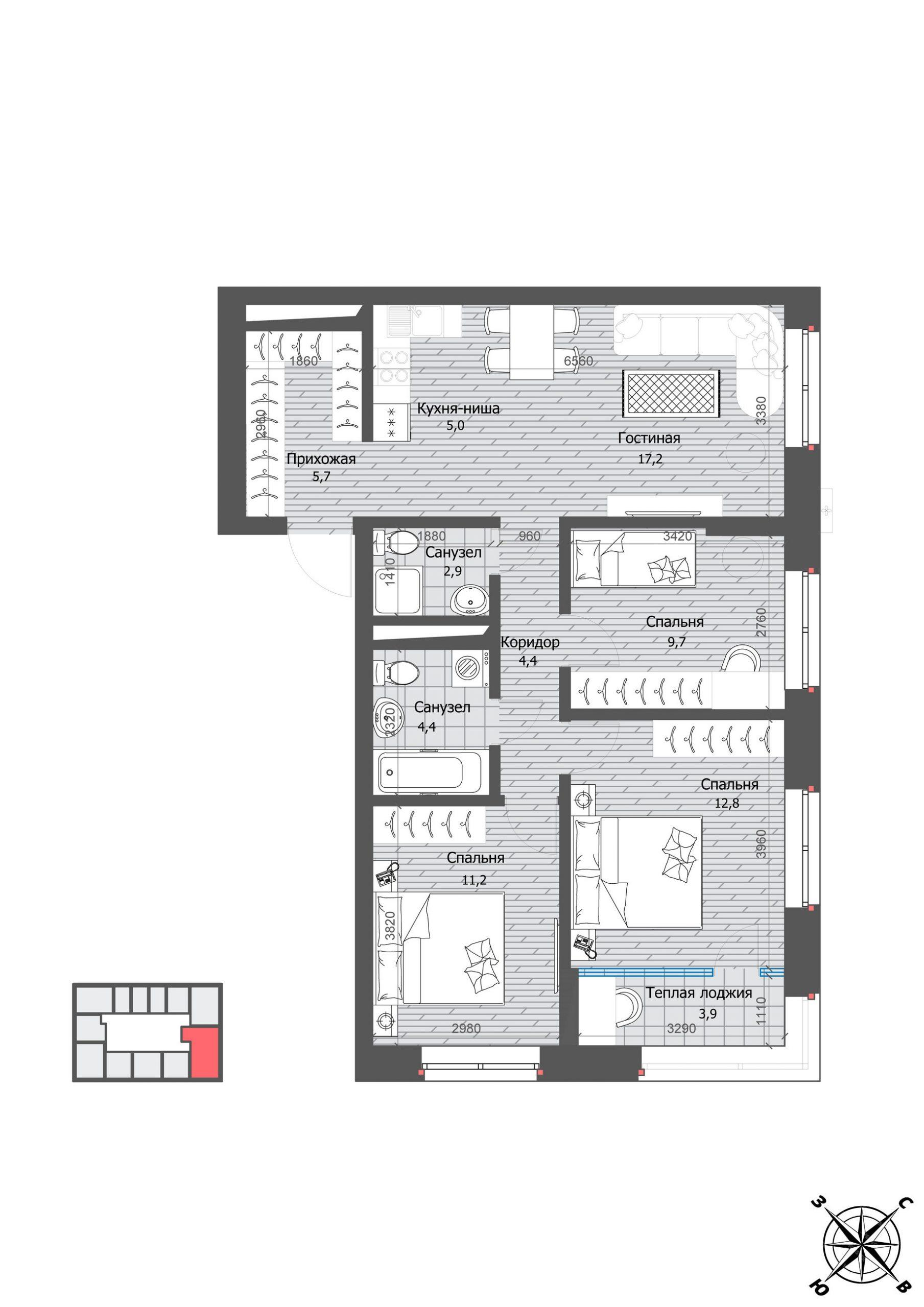 3-комнатная 74 м2 в ЖК Эдельвейс корпус null этаж 15