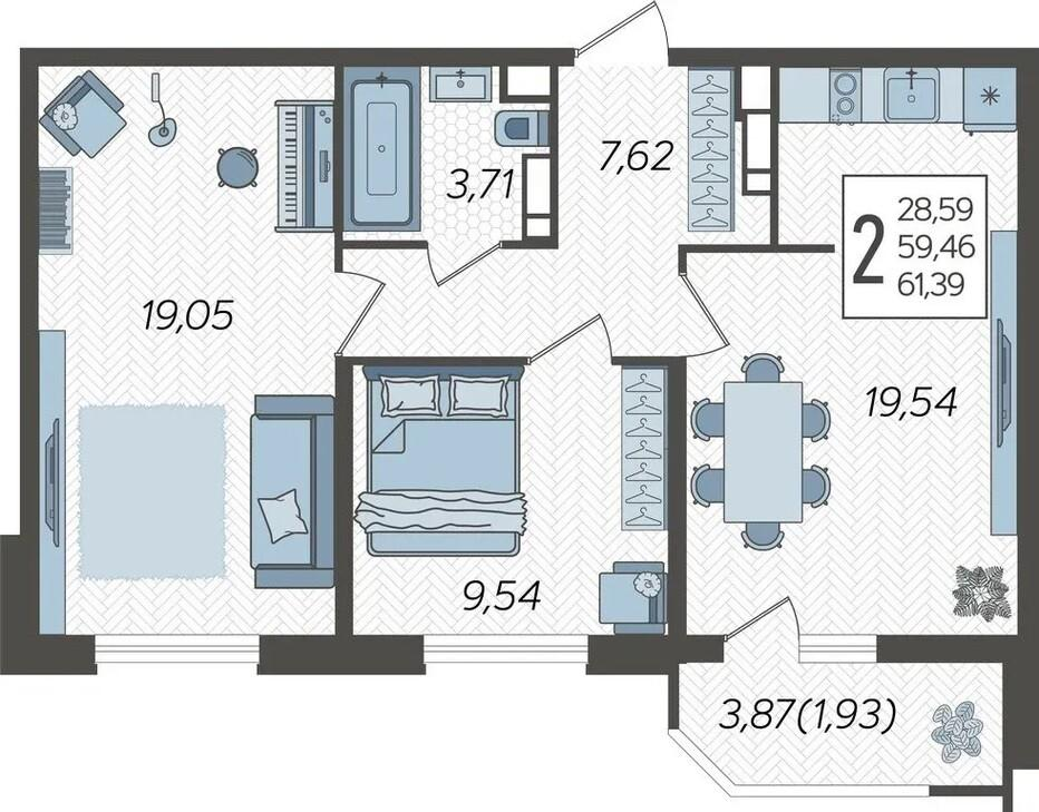 2-комнатная 62.5 м2 в ЖК undefined корпус null этаж 23