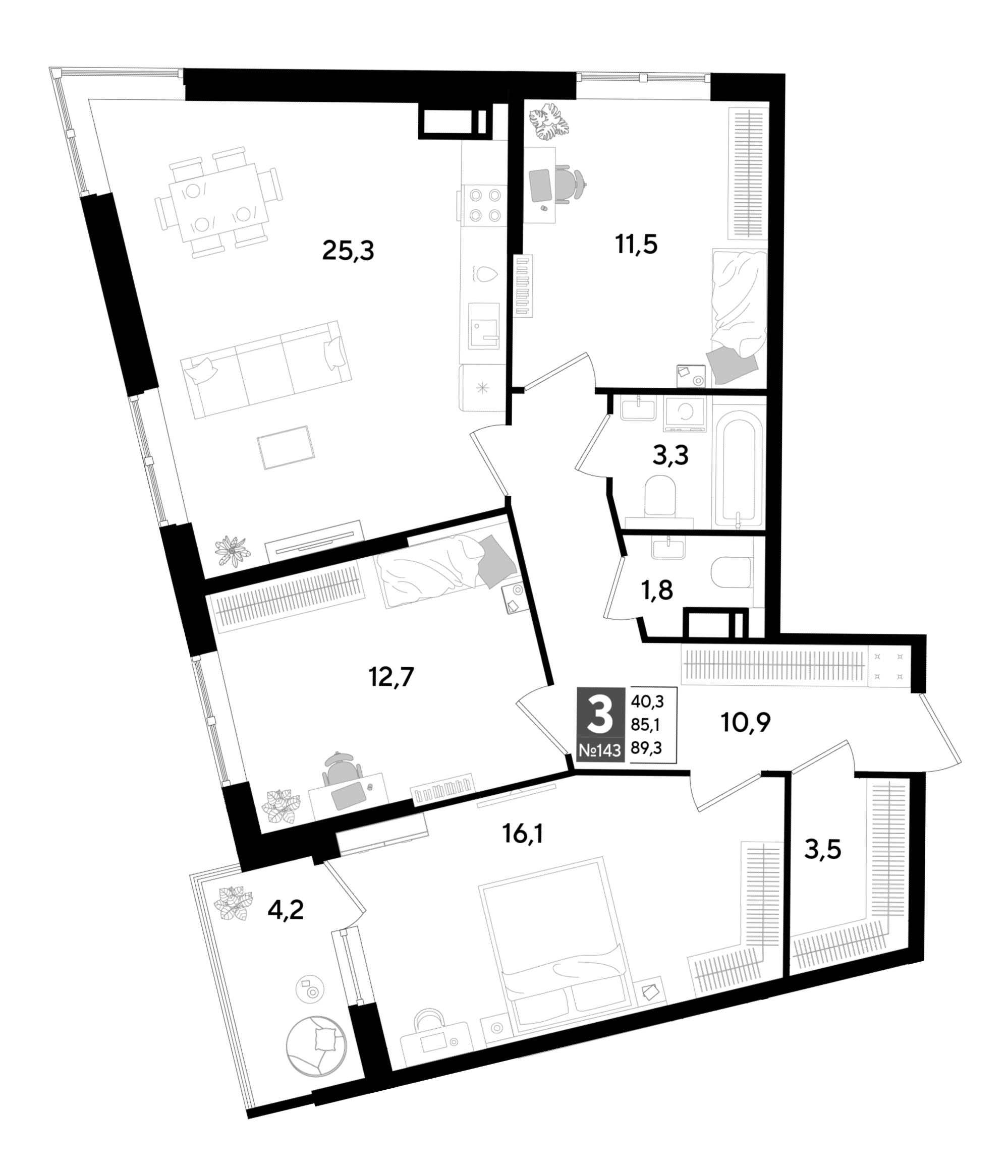 3-комнатная 89 м2 в ЖК Парк Победы 2 корпус null этаж 16