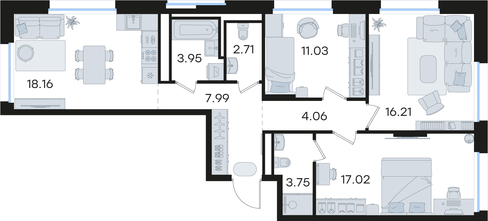 3-комнатная 84 м2 в ЖК Статус на Гребном канале корпус null этаж 11