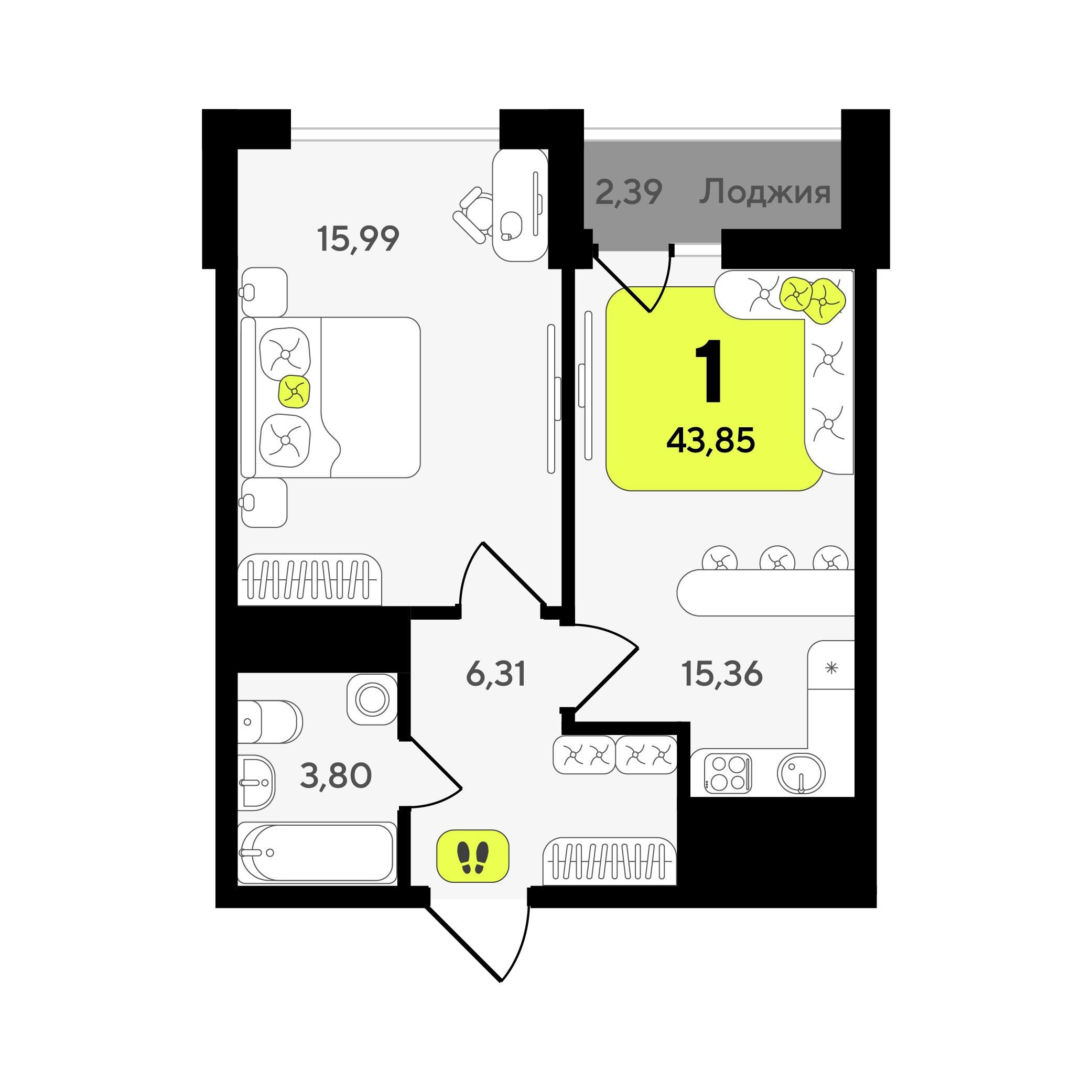 1-комнатная 43 м2 в ЖК Окинава корпус null этаж 4